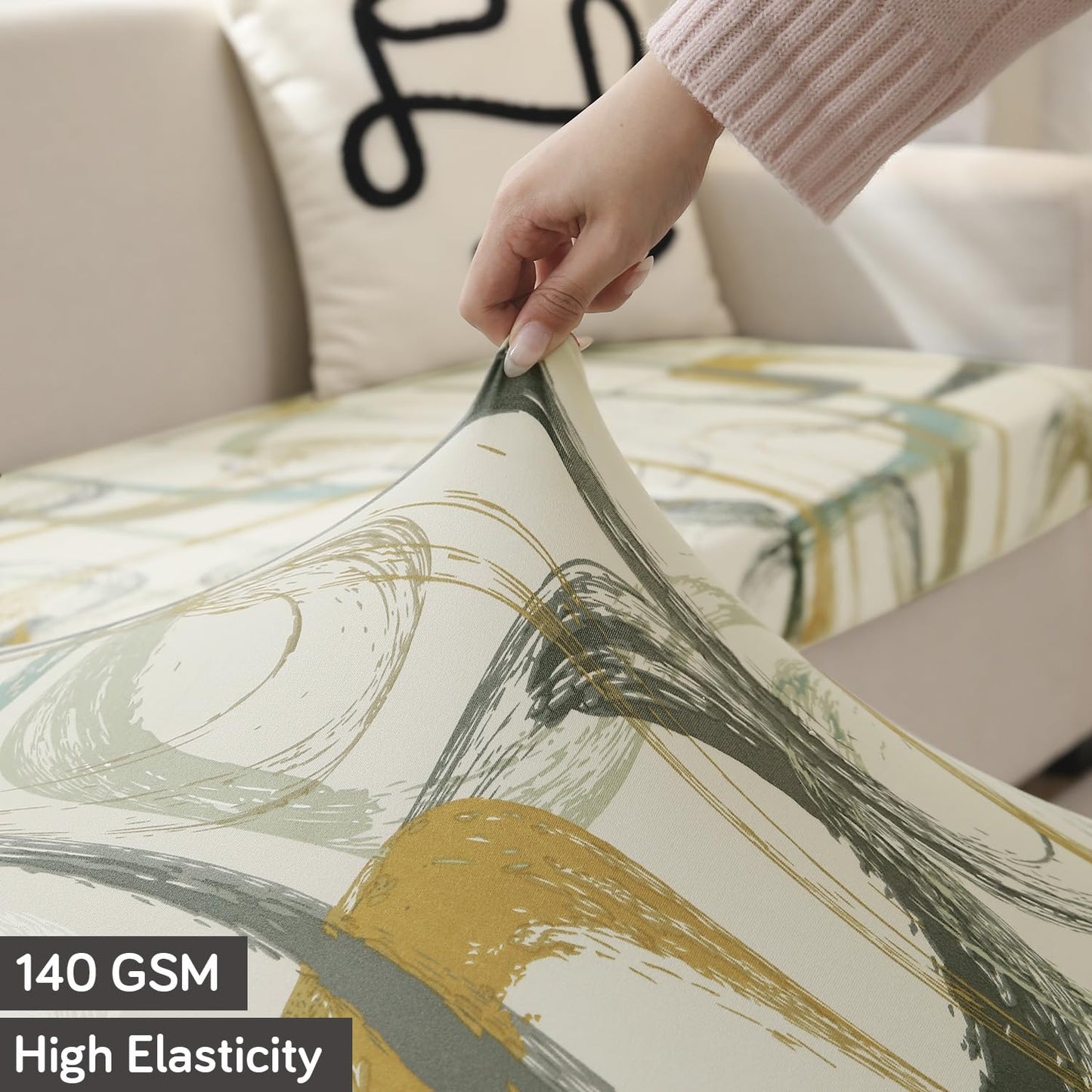 140 GSM Stretchable Printed Elastic Sofa Cushion Seat Cover for 1 /2 /3 Seaters / Pieces for Sofa, Parchement Beige Abstract Art