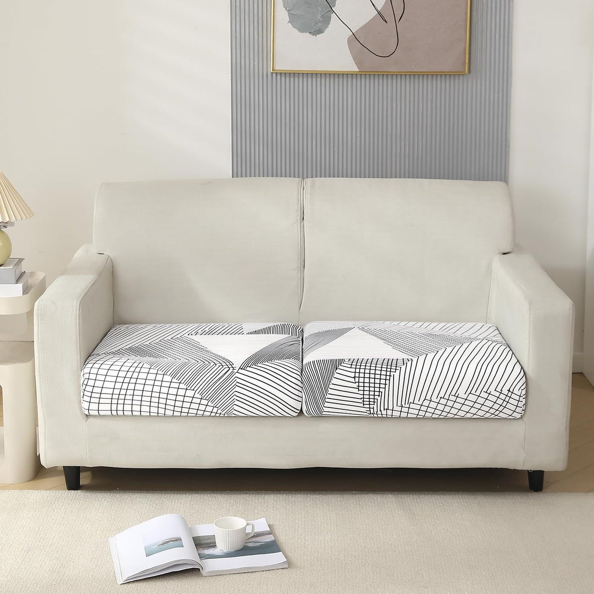 140 GSM Stretchable Printed Elastic Sofa Cushion Seat Cover for 1 /2 /3 Seaters / Pieces for Sofa, Snow White Black Geometry