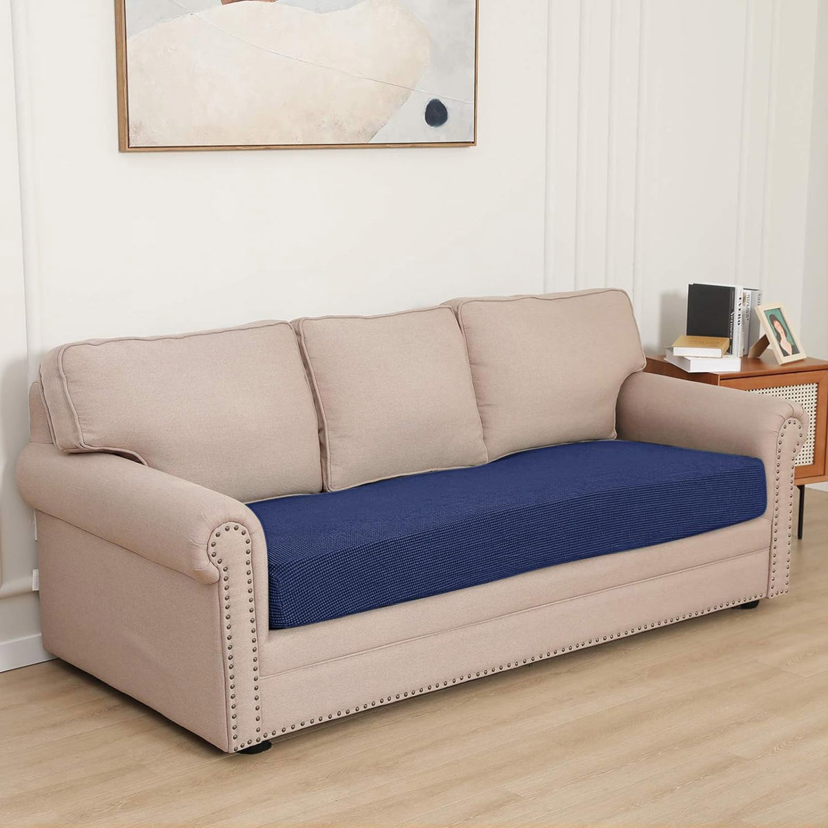 Stretchable Thick Jacquard Textured Seat Cushion Cover for 1/2/3 Seaters / Pieces for Sofa, Navy Blue