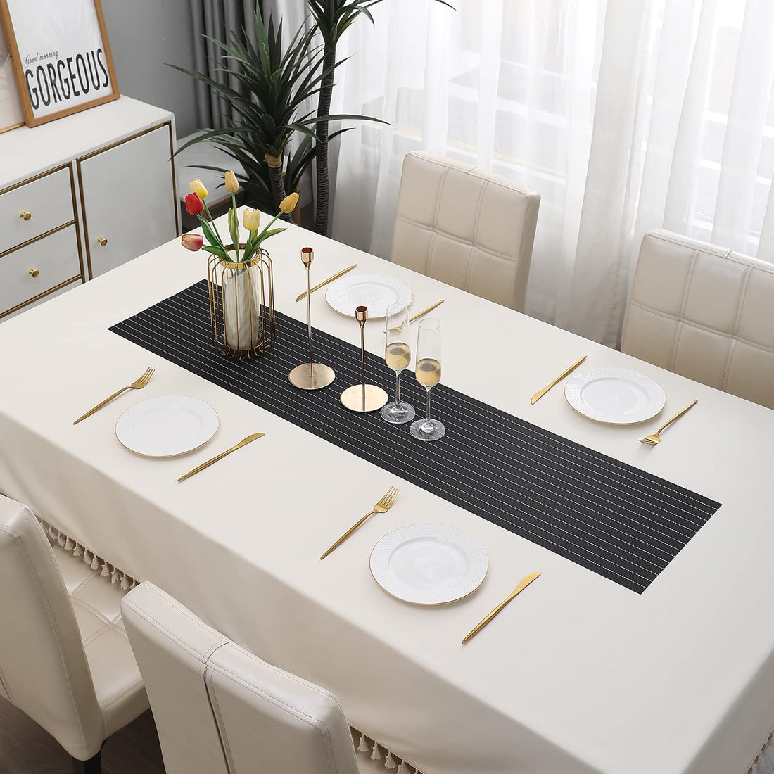 Buy Striped Black Colour PVC Table Runner Online - HOKIPO | Har Ghar Ka Humsafar