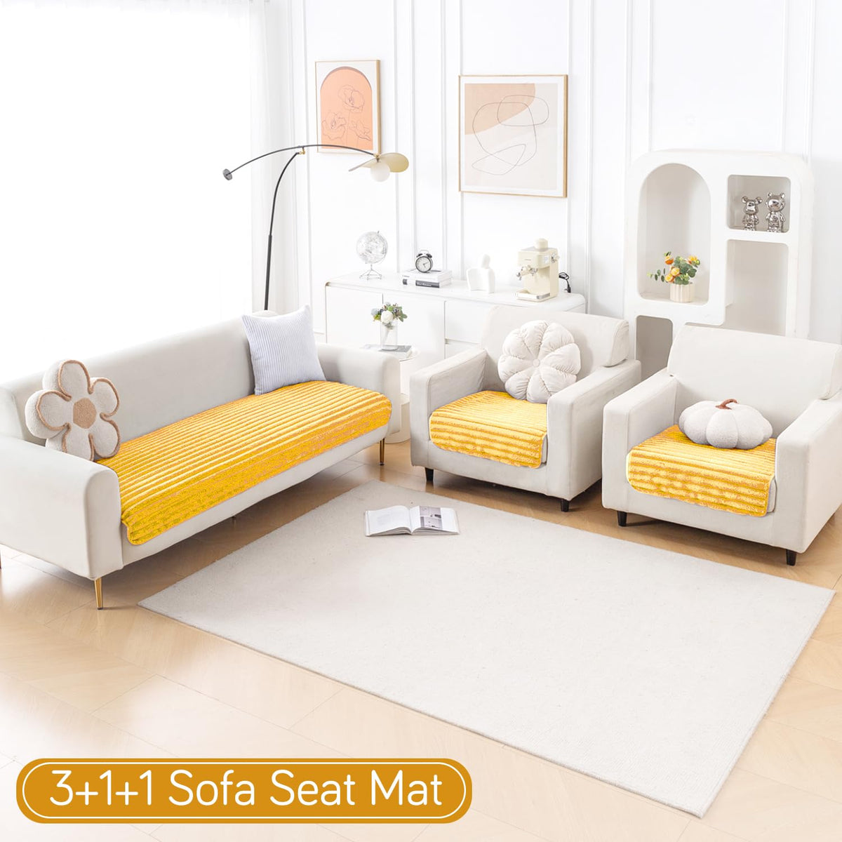 Faux Rabbit Fur Sofa Cover Combination Set, 'Snuggle Fur Series' Mustard Yellow