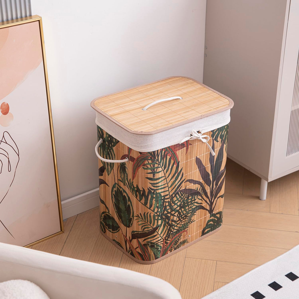 Eco-Friendly Foldable Bamboo Laundry Basket Hamper with Lid, Large - 60 Liter, Ficus Leaves