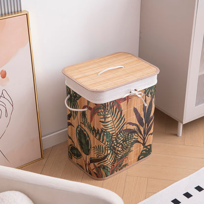 Eco-Friendly Foldable Bamboo Laundry Basket Hamper with Lid, Large - 60 Liter, Ficus Leaves