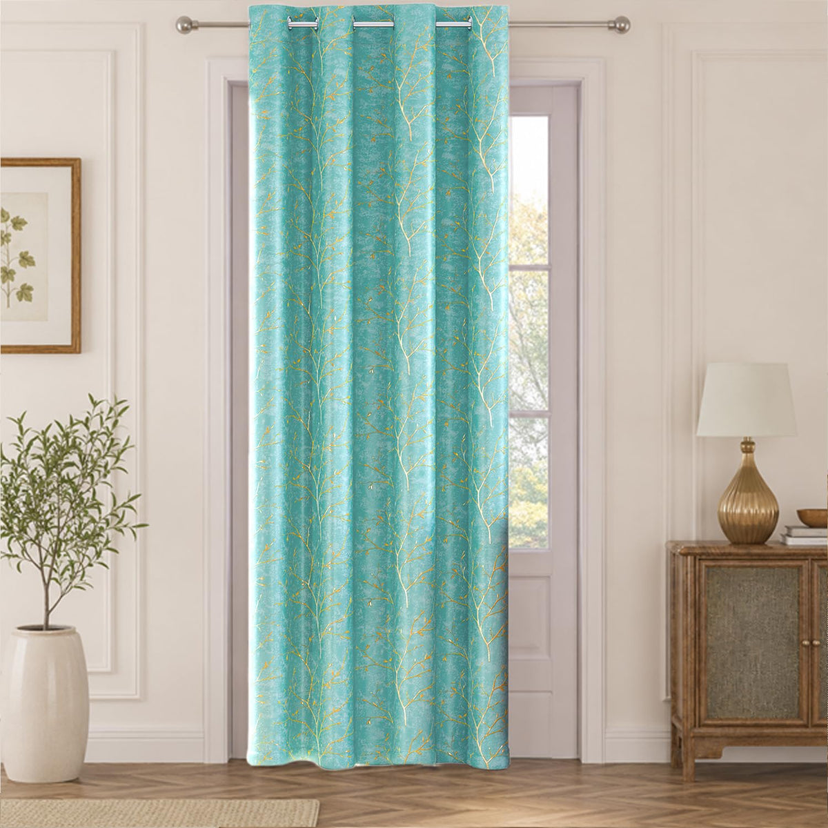 HOKIPO Shimmer Foil Printed Curtains, 7 Feet Long - Aqua - image 2