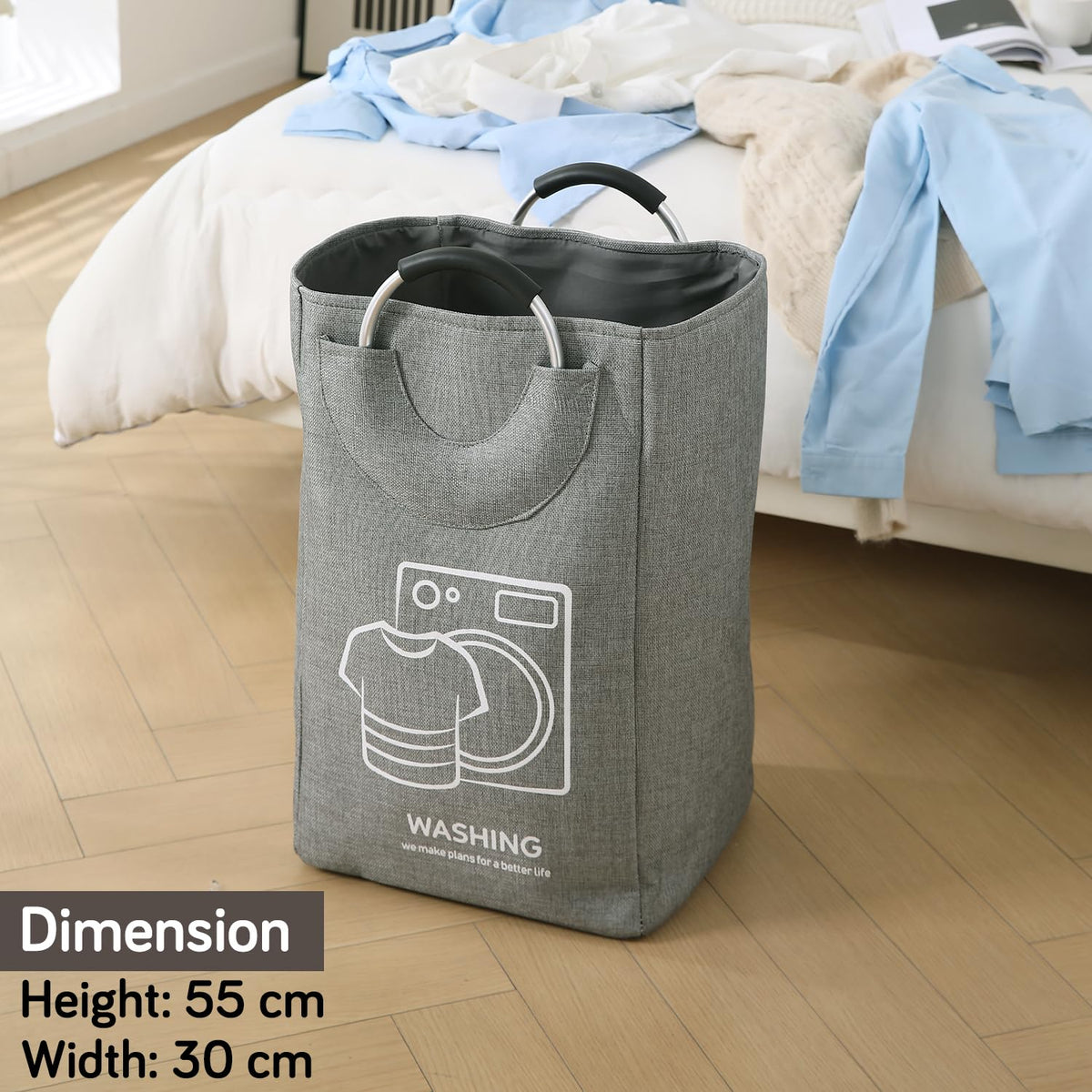 Folding Laundry Bag for Clothes Hamper Basket Collapsible Storage Basket, 30 x 27 x 55 cm Grey