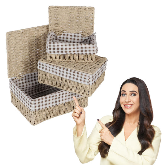 Environmental Friendly Paper Rope Wicker Storage Baskets with lid, Pack of 3, Beige