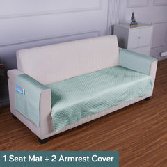 Quilted Sofa Cover Set with Seat Mat and Armrest Covers with Pockets, Light Sky Blue