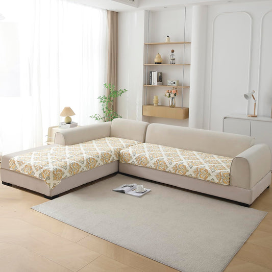 Quilted Printed L Shape Sofa Cover Mat for 2+2/3+2/3+3 Seater, Damask Beige