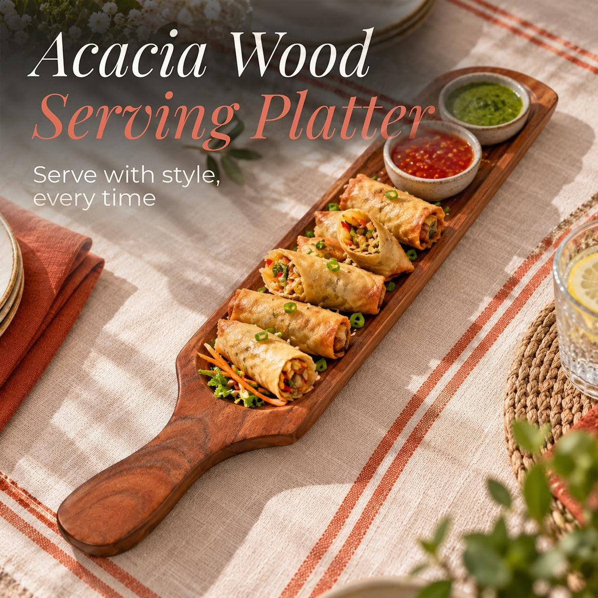 HOKIPO Arbor Acacia Wood Long Serving Platter with Handle, 46.5 x 8.5 cm - image 2