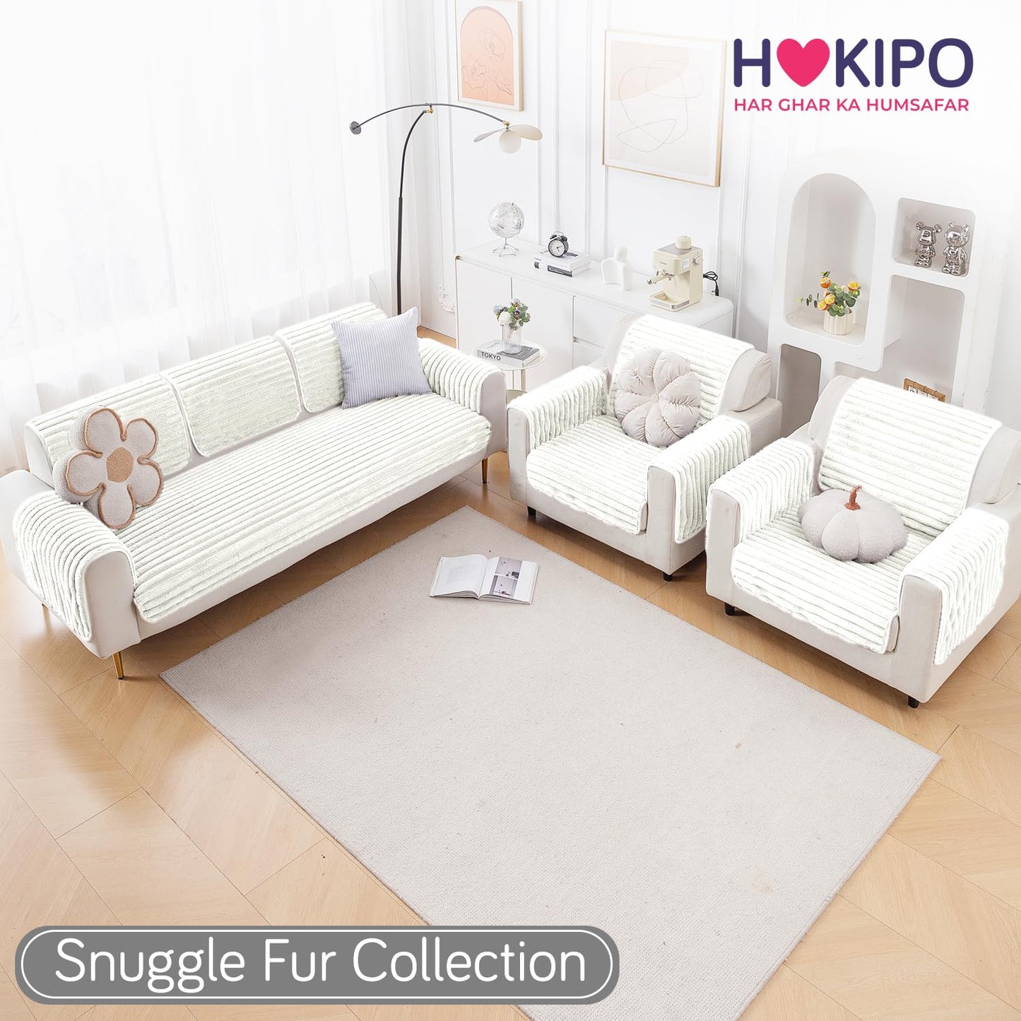 Faux Rabbit Fur Sofa Cover Combination Set, 'Snuggle Fur Series' Pearl White
