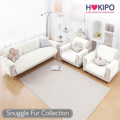 Faux Rabbit Fur Sofa Cover Combination Set, 'Snuggle Fur Series' Pearl White