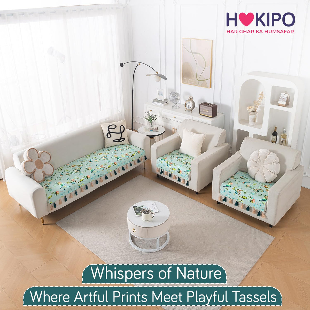 'Whispers of Nature' Series Holland Velvet Sofa Seat Mat with Tassel, Mint Birdsong Blossom
