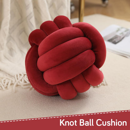 Knot Ball Cushion Pillow Soft Plush Velvet Decorative Throw Pillow - Burgundy