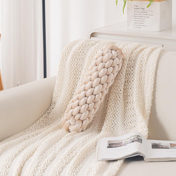 HOKIPO Braided Knot Bolster Cushion for Sofa, Chair & Bed, 45 cm, Beige