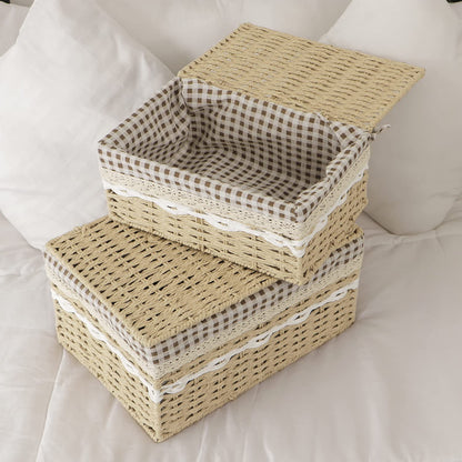 Environmental Friendly Paper Rope Wicker Storage Baskets with lid, Set of 2, Beige