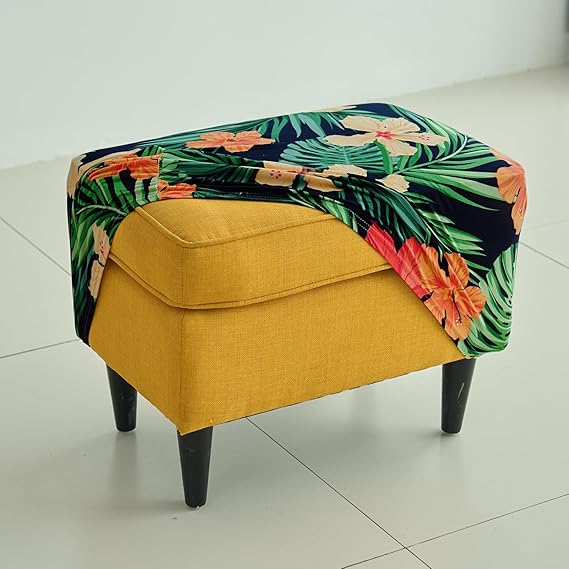 Stretchable 140 GSM Footstool Cover, Spring Green Hibiscus