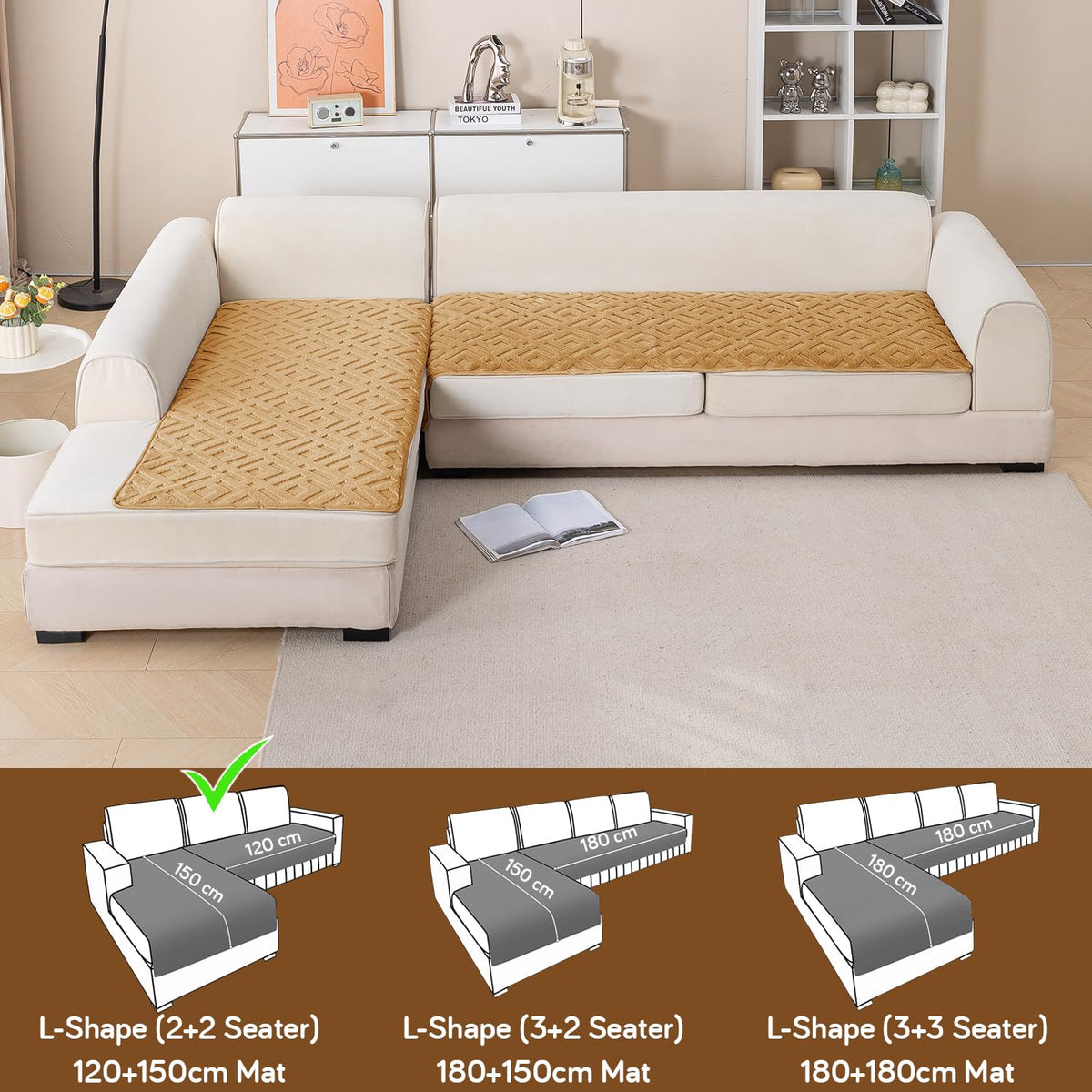 Velvet Maze Premium L Shape Sofa Cover Seat Mat, Light Brown