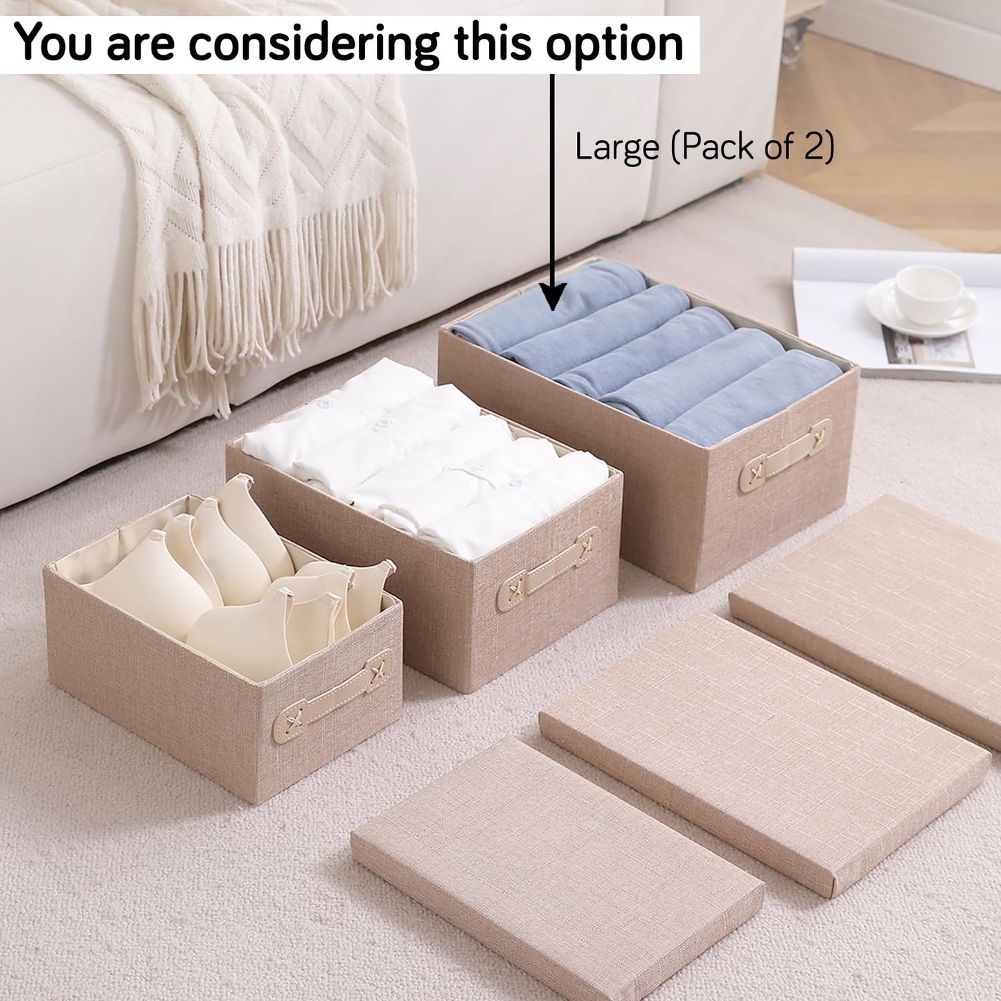 Organisers Storage Box with Lid, Beige, Pack of 1/2