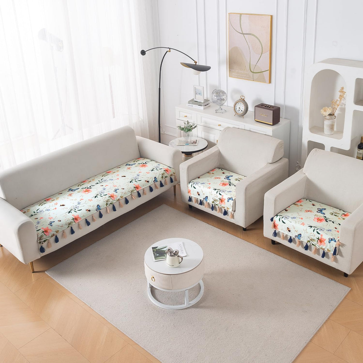 'Whispers of Nature' Series Holland Velvet Sofa Seat Mat with Tassel, Pastel Butterfly Meadow