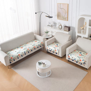 'Whispers of Nature' Series Holland Velvet Sofa Seat Mat with Tassel, Pastel Butterfly Meadow