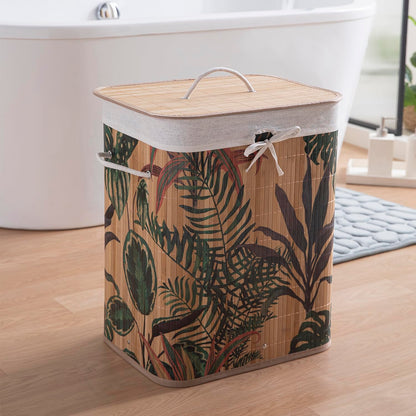 Eco-Friendly Foldable Bamboo Laundry Basket Hamper with Lid, Large - 60 Liter, Ficus Leaves