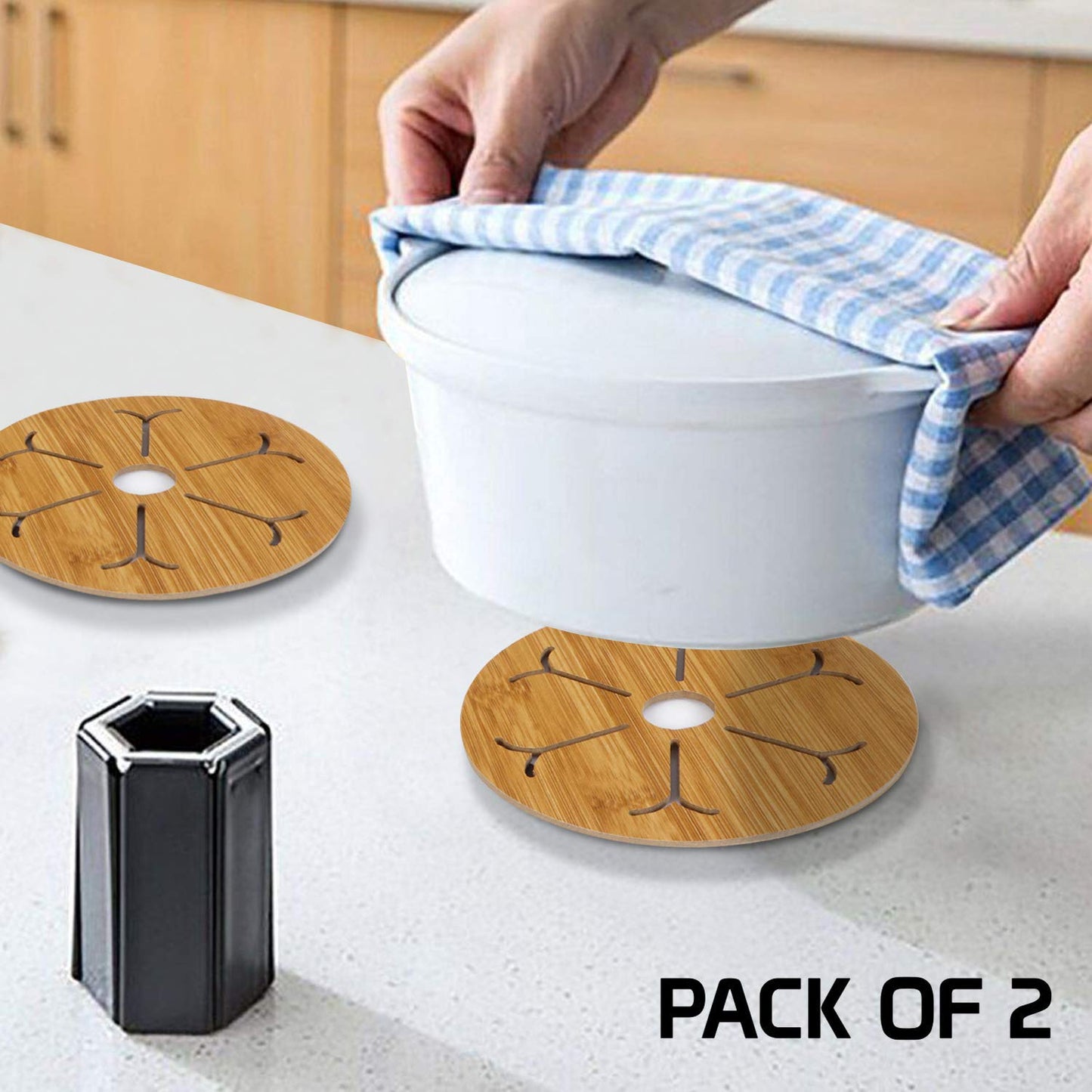 HOKIPO Eco-Friendly Bamboo Wooden Coasters for Home Pan Pot Holder, Dining Table Heat Pad for Kitchen - Pack of 2/4/6