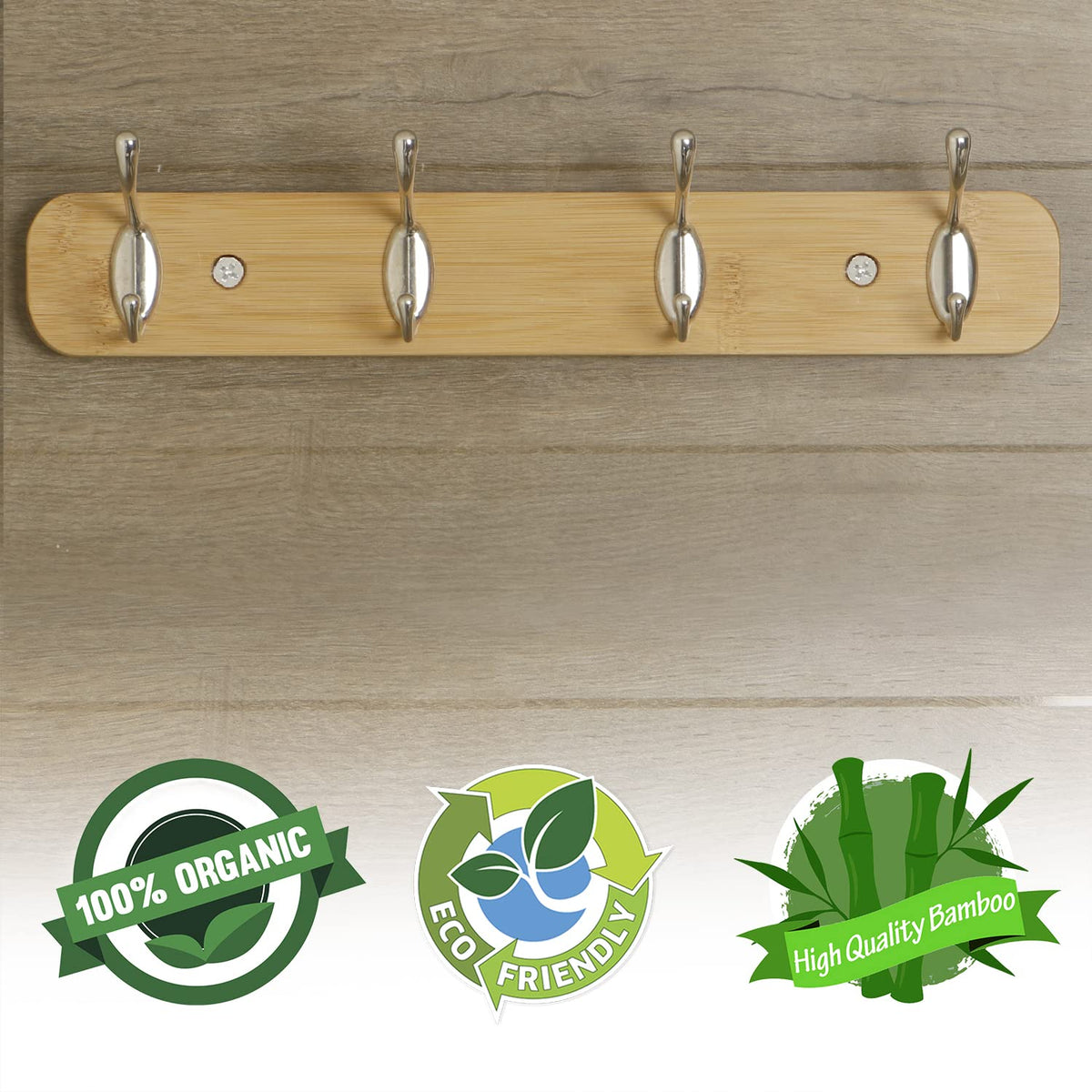 Bamboo Wooden Wall Mounted Hook Rail for Hanging Clothes - 3/4/5 Hooks Rail