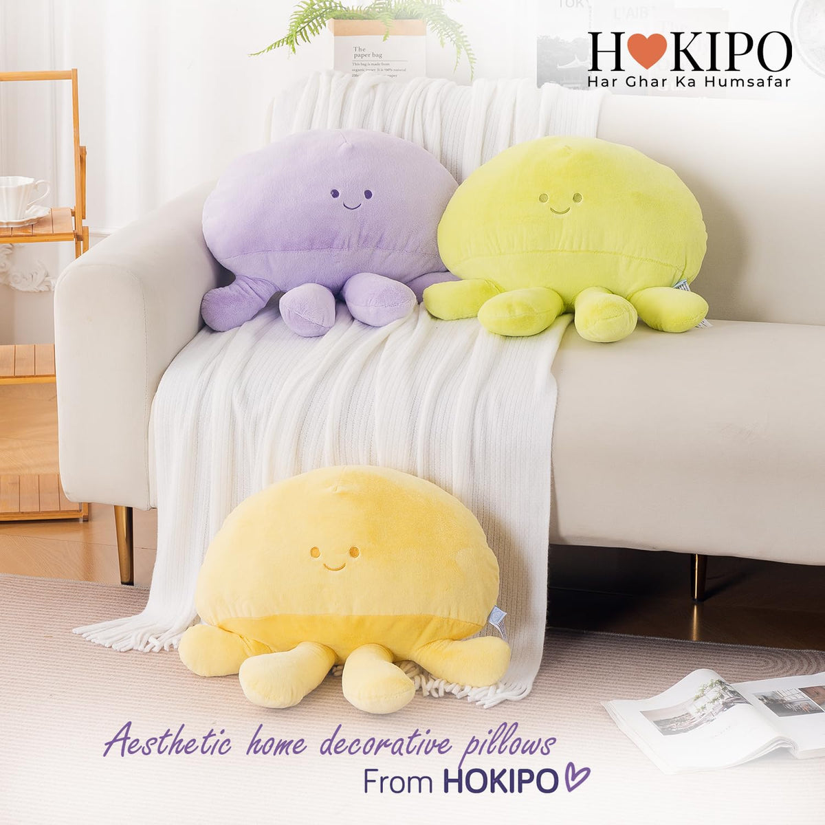 HOKIPO Octopus Shaped Cushion for Kids Room & Nursery, 51x39 cm, Green