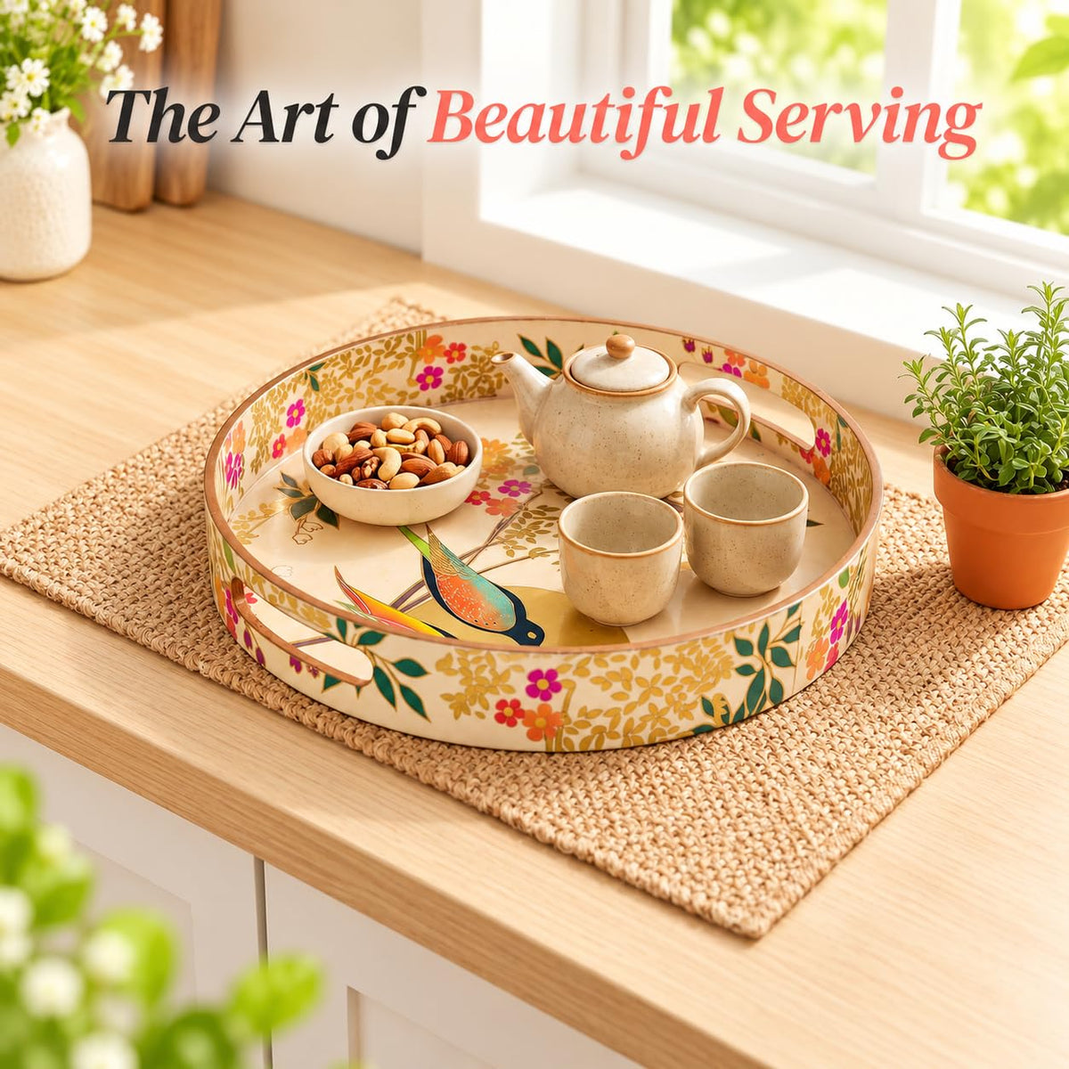 HOKIPO Round Serving Tray 12 in, Engineered Wood, Sunhere Parinday - image 3