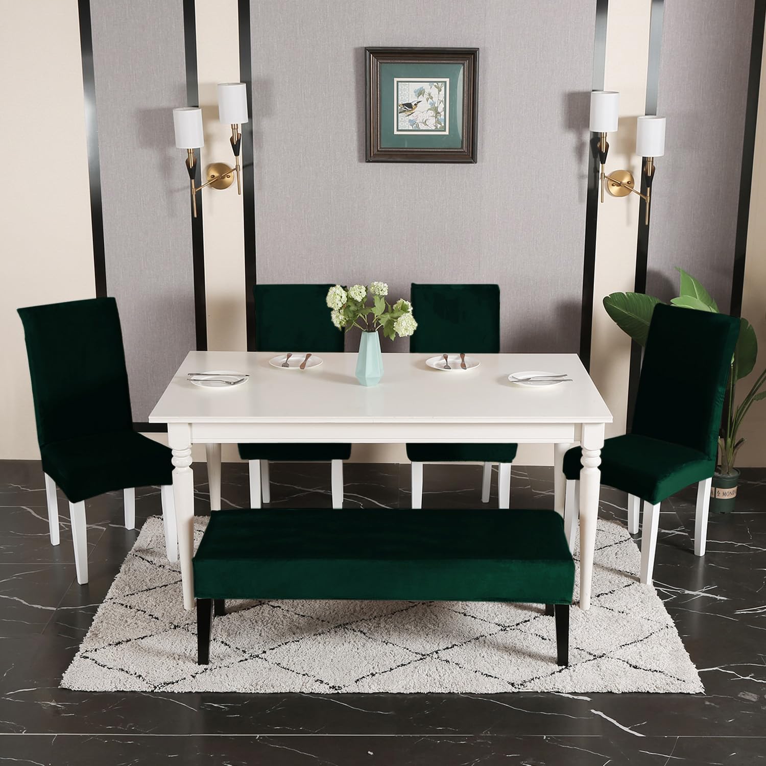 Elastic Fitted Dining Bench Slipcover, Hunter Green