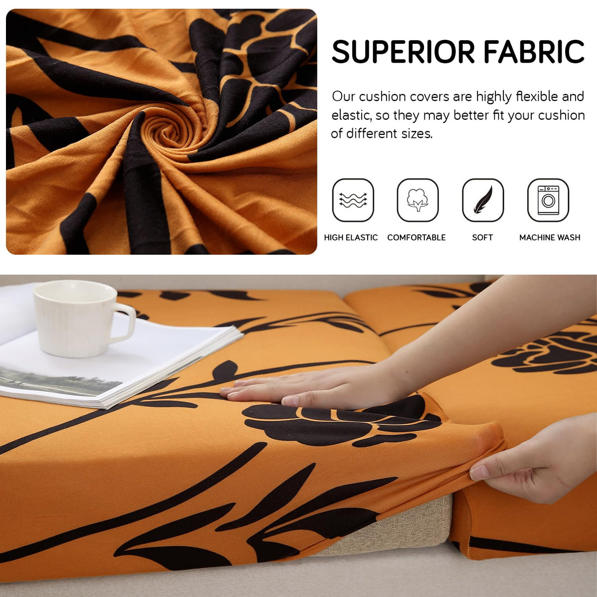 Stretchable 140gsm Printed Seat Couch Cushion Cover for 1/2/3 Seaters / Pieces for Sofa, Copper Brown Floral