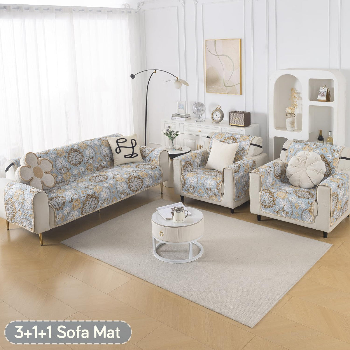 Easy Drape Reversible Quilted 5-Seater Sofa Cover (3+1+1), Cool Breeze Floral