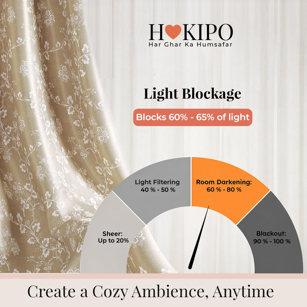 HOKIPO Bahaar Eyelet Curtains, 7 Feet Long - Champagne Beige - image 5