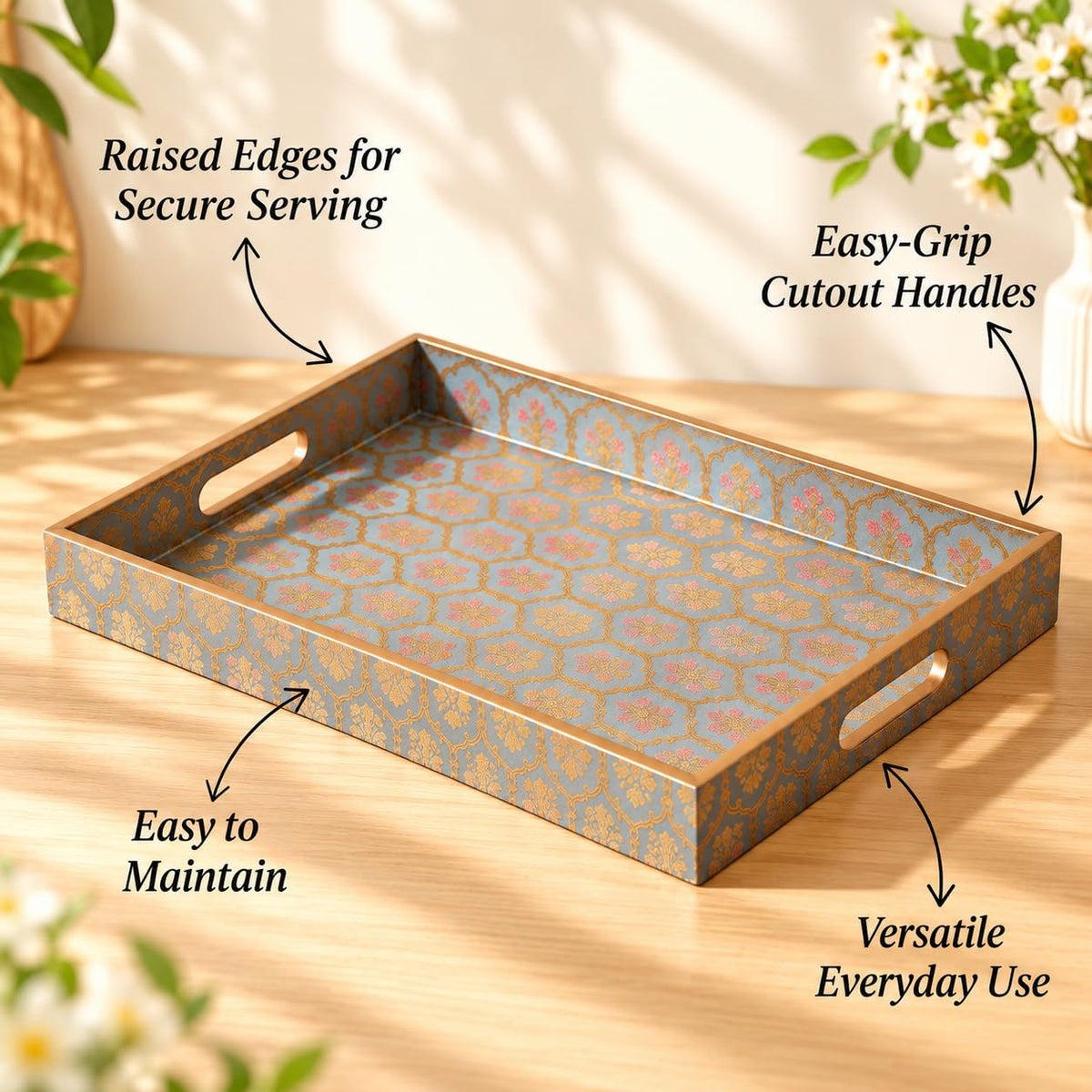 HOKIPO Serving Tray Set of 3, Engineered Wood, Shahi Gulnaar - image 8