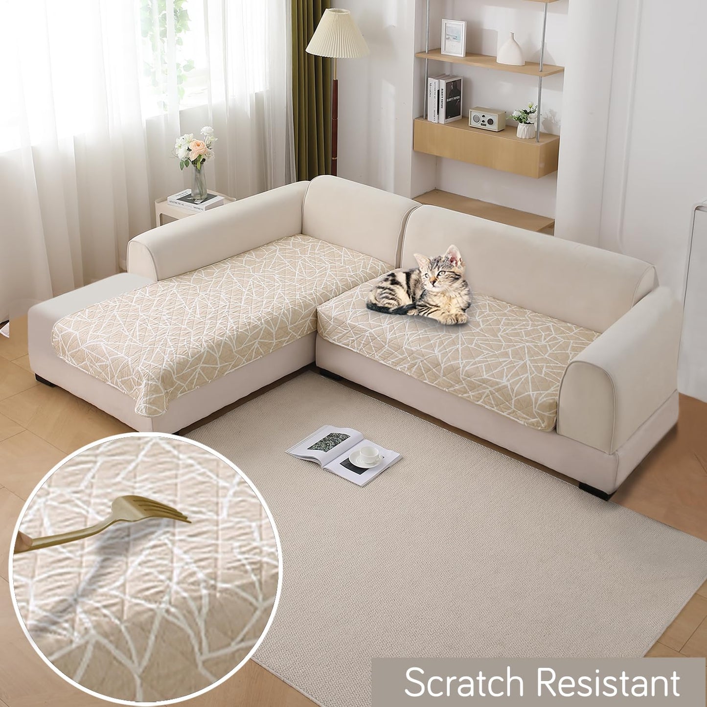 HOKIPO Waterproof Printed Quilted Quick Dry L Shape Sofa Seat Cover Mat, Beige Abstract Geometry