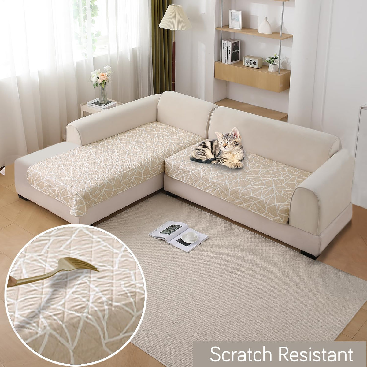 Waterproof Printed Quilted Quick Dry L Shape Sofa Seat Cover Mat, Beige Abstract Geometry