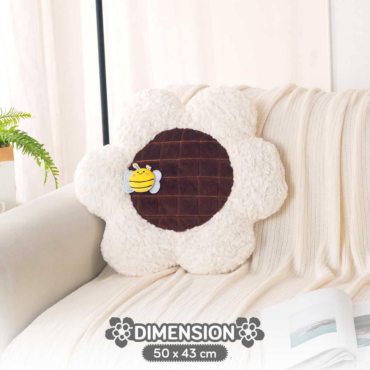 HOKIPO Sunflower Bee Cushion for Sofa & Bed, 50 cm, White