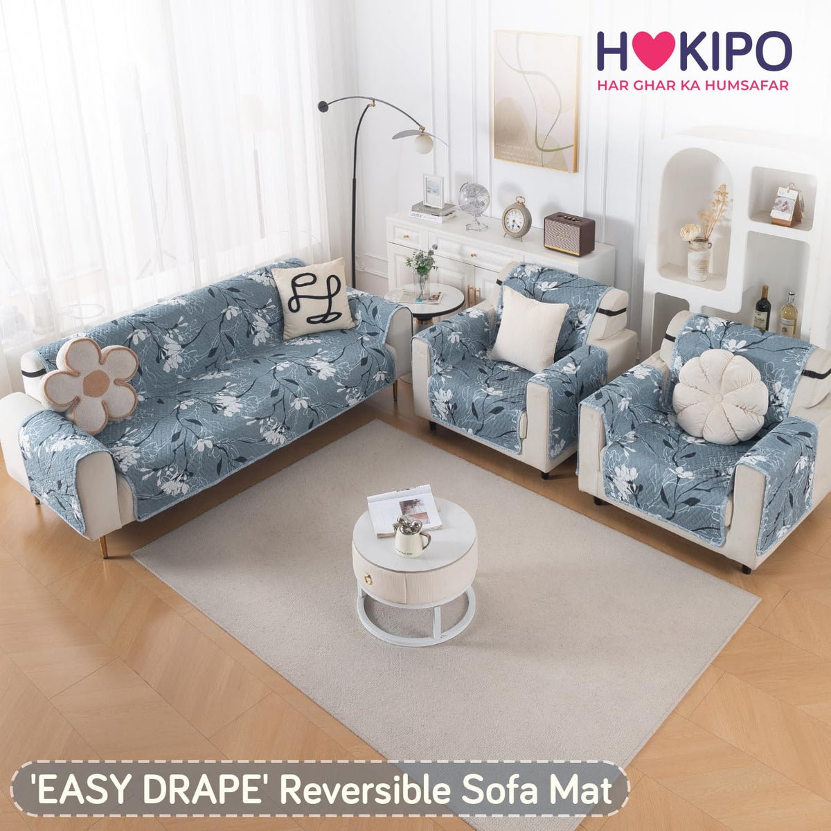 Easy Drape Reversible Quilted 5-Seater Sofa Cover (3+1+1), Blue Blossom