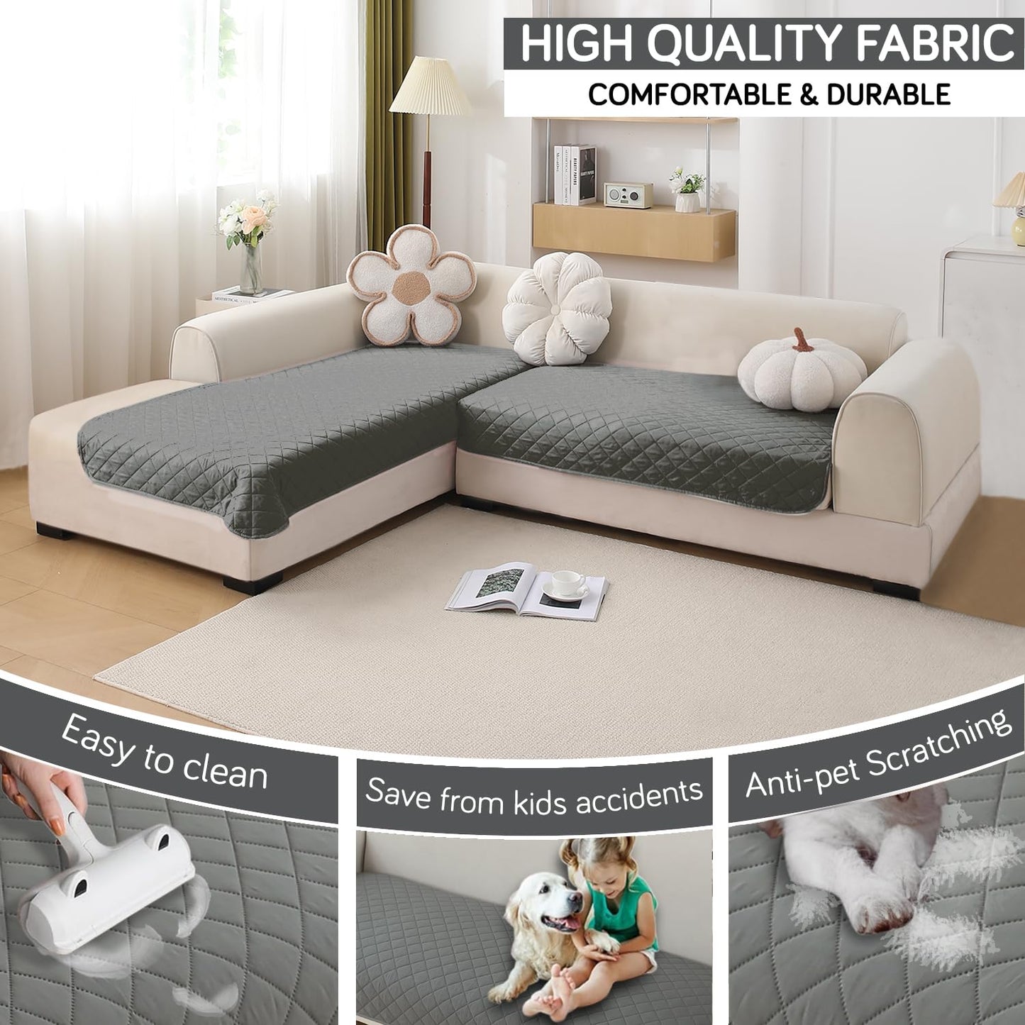 HOKIPO Waterproof Quilted Quick Dry L Shape Sofa Seat Cover Mat, Light Grey