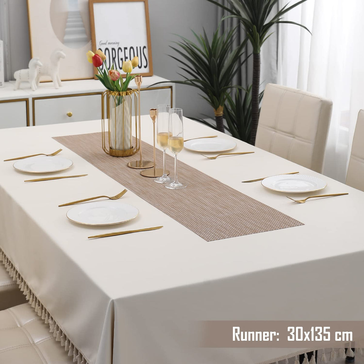 Buy Beige Brown Colour PVC Table Runner for 4 Seater (30x135cm) | HOKIPO