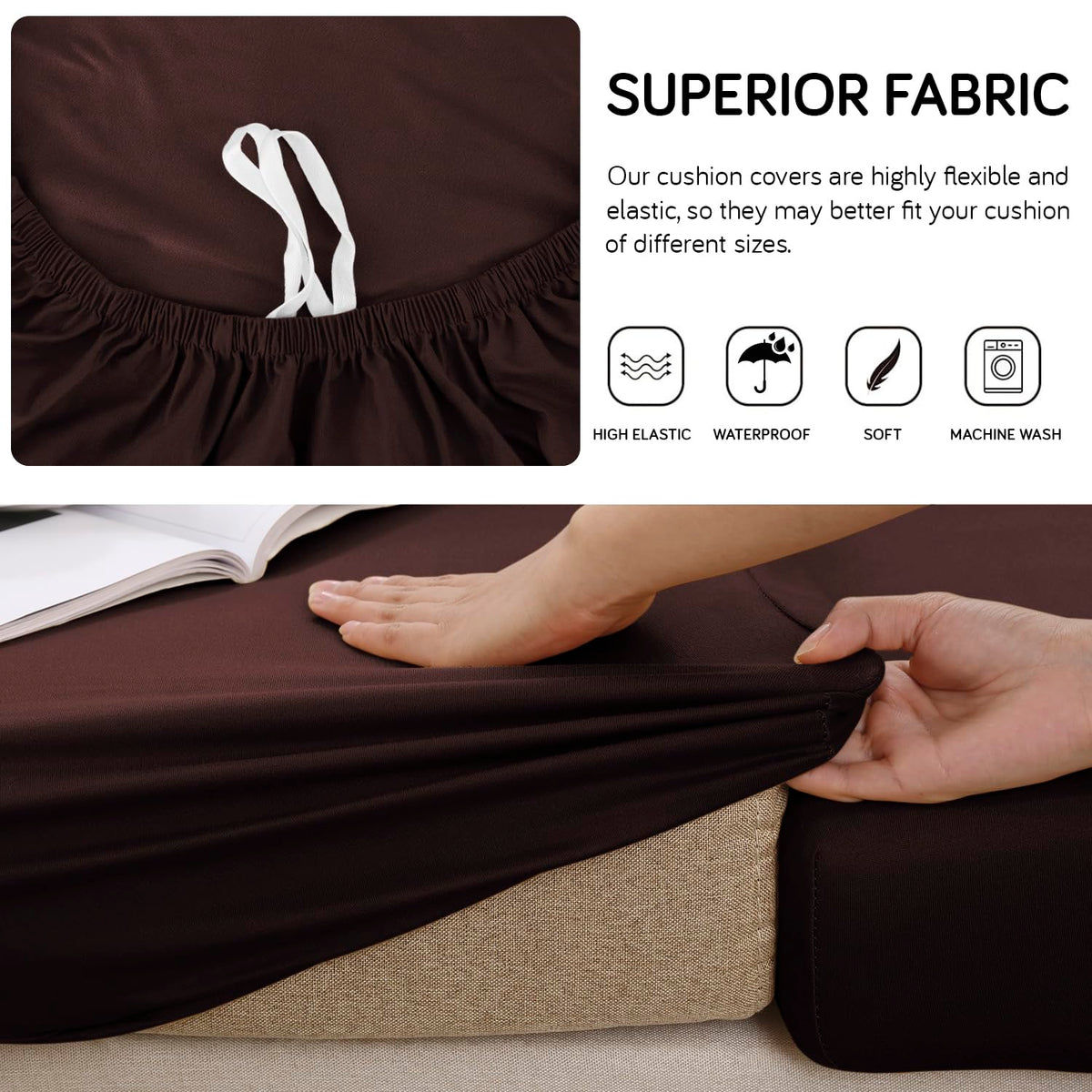 100% Waterproof Stretchable Seat Couch Cushion Cover for 1/2/3 Seater, Brown