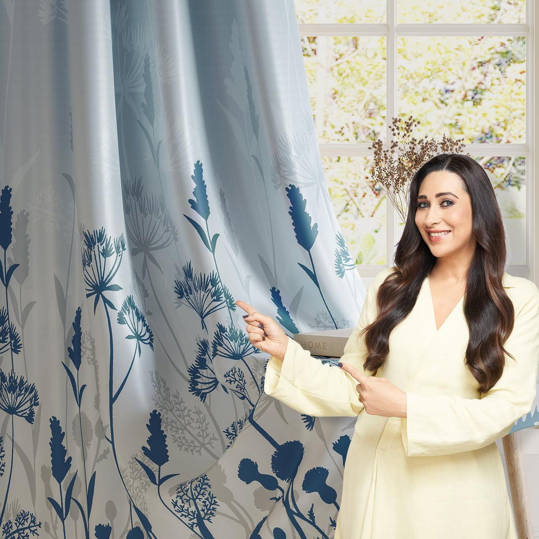 HOKIPO Harmony Printed Eyelet Curtains, 7 Feet Long - Blue Fern