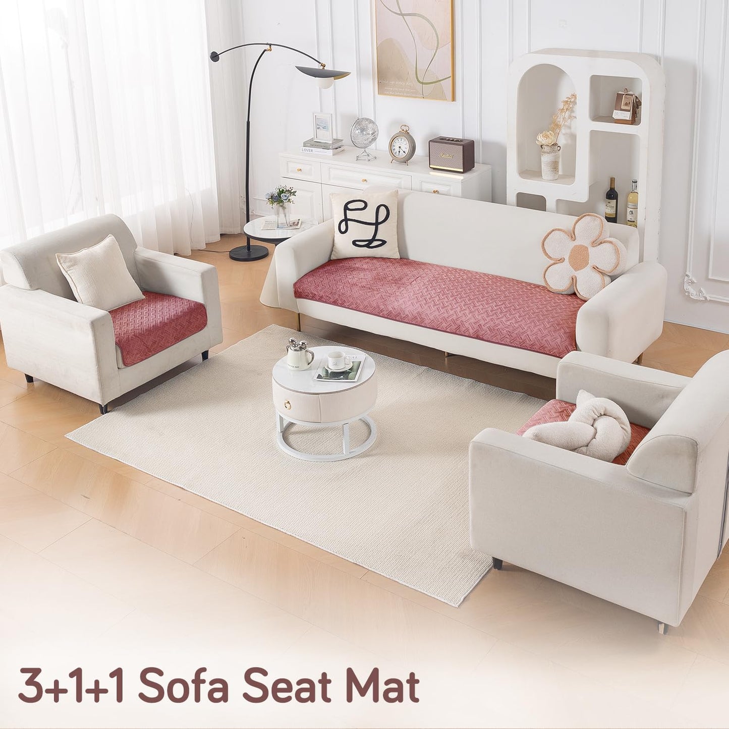 Premium Velvety Quilted Softline 5-Seater Sofa Cover (3+1+1), Dusty Rosepink