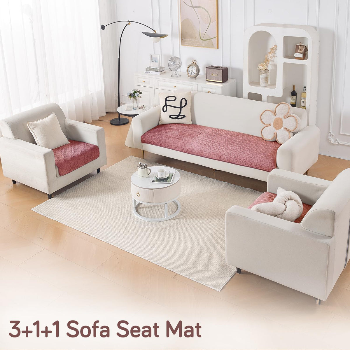 Premium Velvety Quilted Softline 5-Seater Sofa Cover (3+1+1), Dusty Rosepink