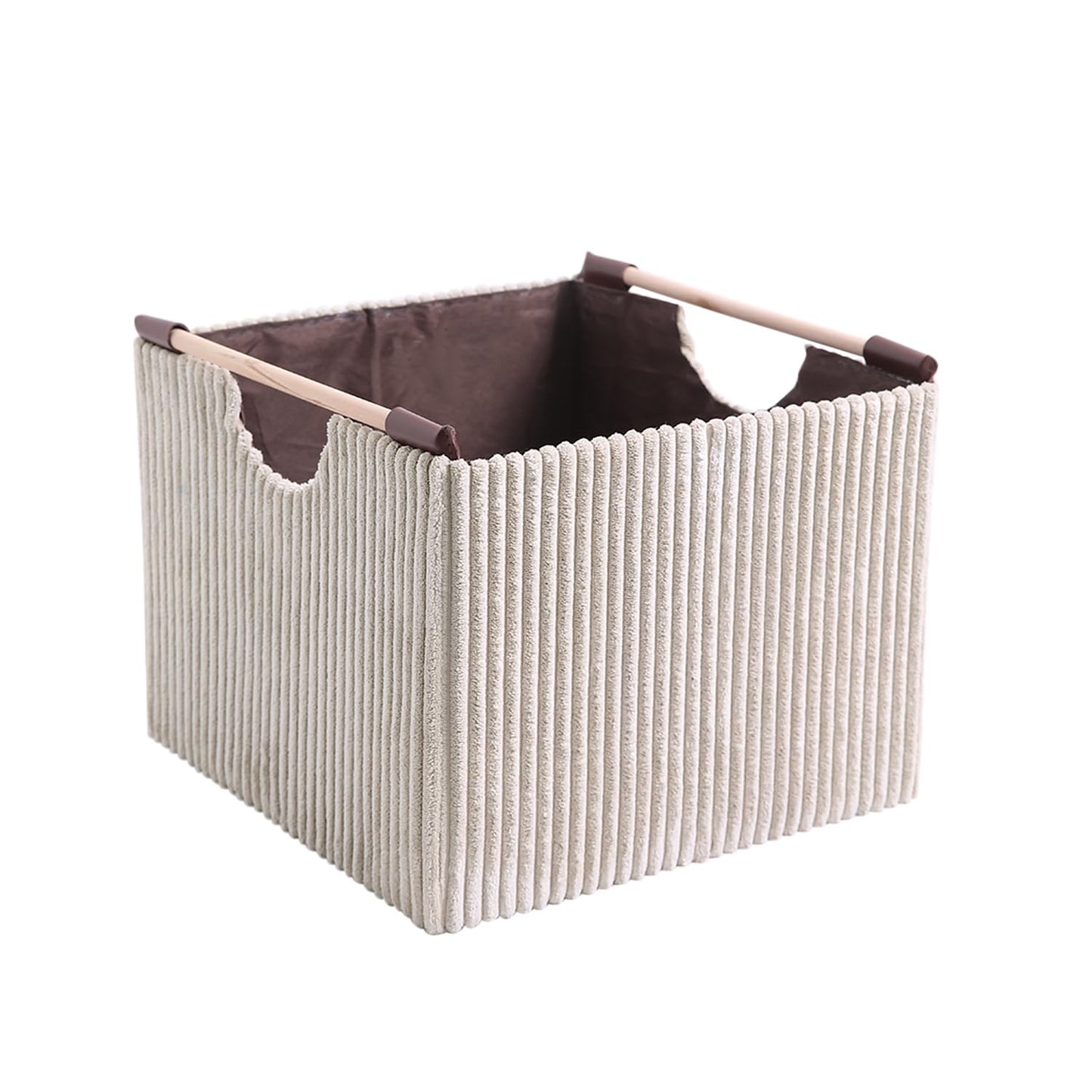 Premium Foldable Storage Bin with Wooden Handles | Corduroy Fabric Organizer Box for Wardrobe, Books, Clothes & Misc Items, Camel