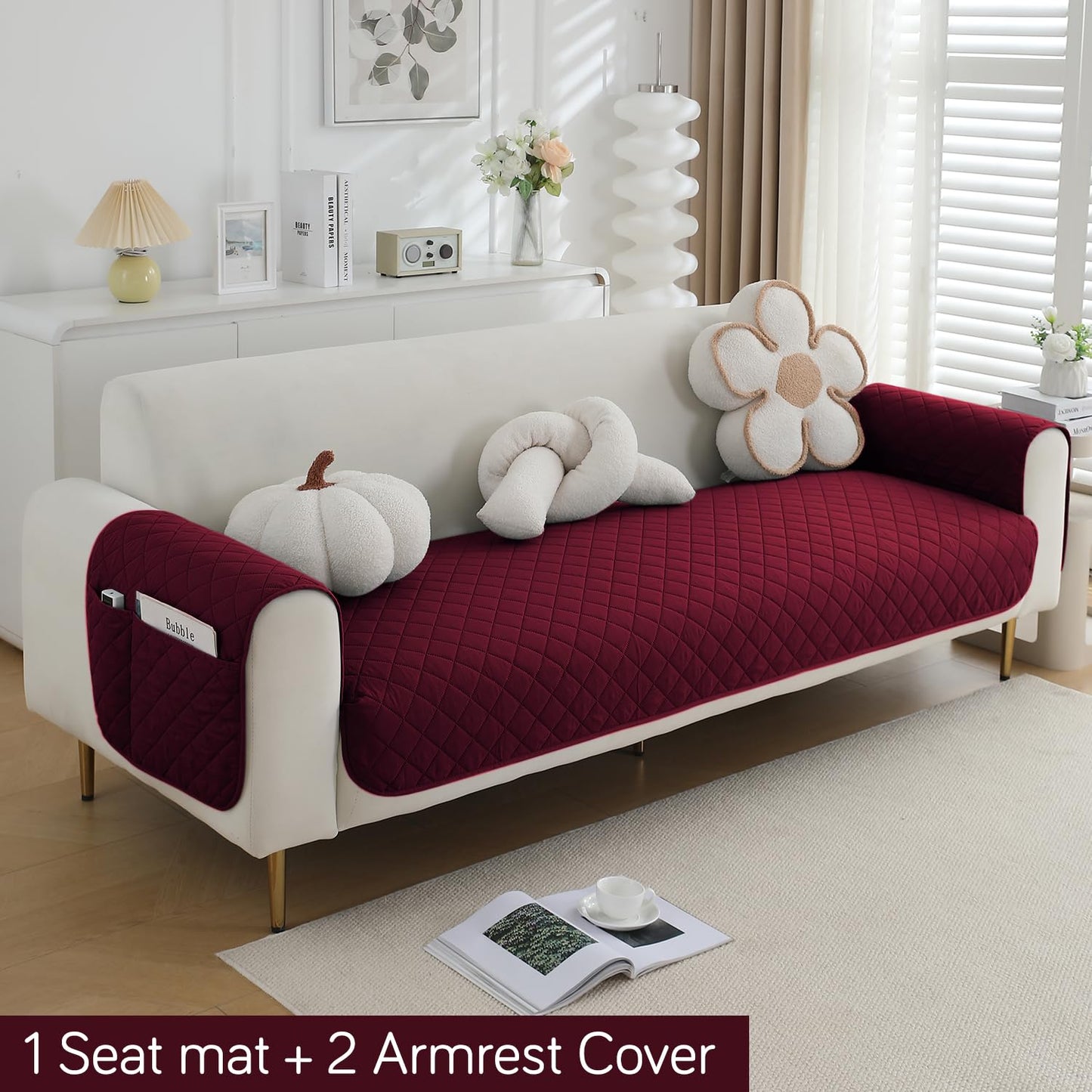 HOKIPO Quilted Waterproof Sofa Seat Mat with 2 Armrest Covers with Pockets, Burgundy