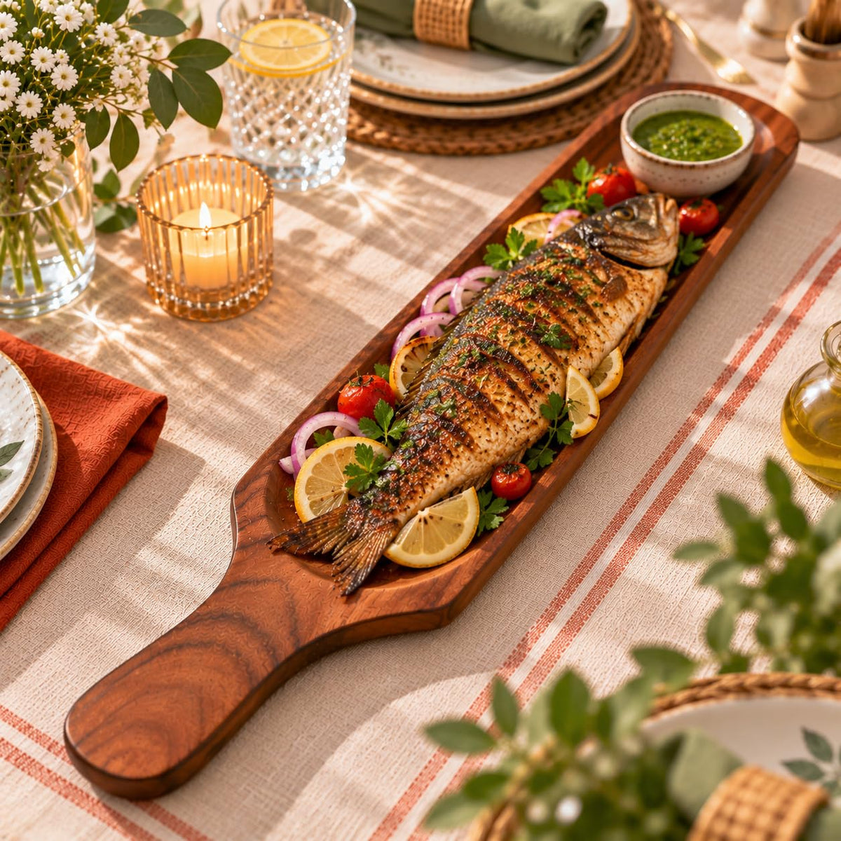 HOKIPO Arbor Acacia Wood Long Serving Platter with Handle, 46.5 x 8.5 cm - image 4