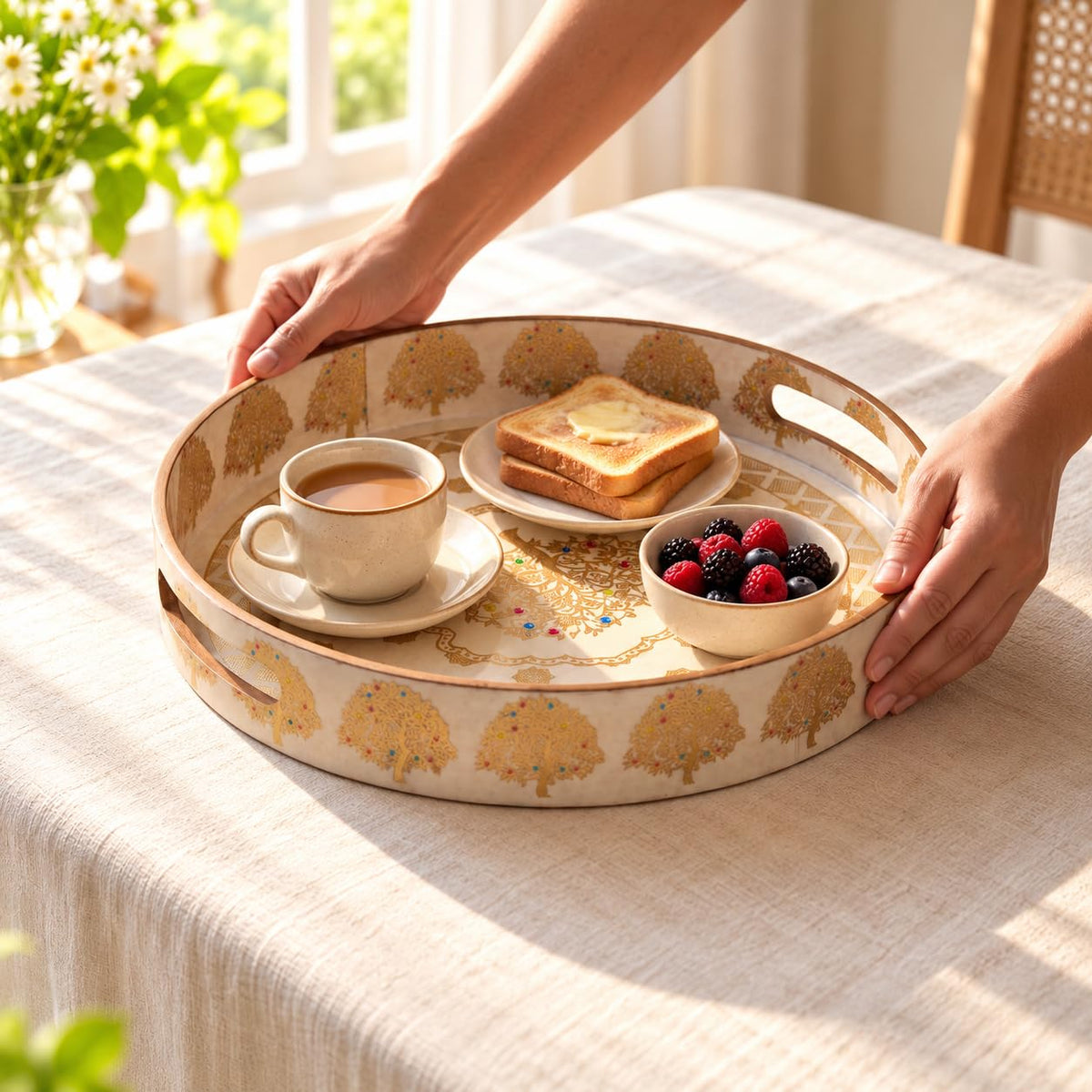 HOKIPO Round Serving Tray 12 in, Engineered Wood, Swarna Vriksha - image 9