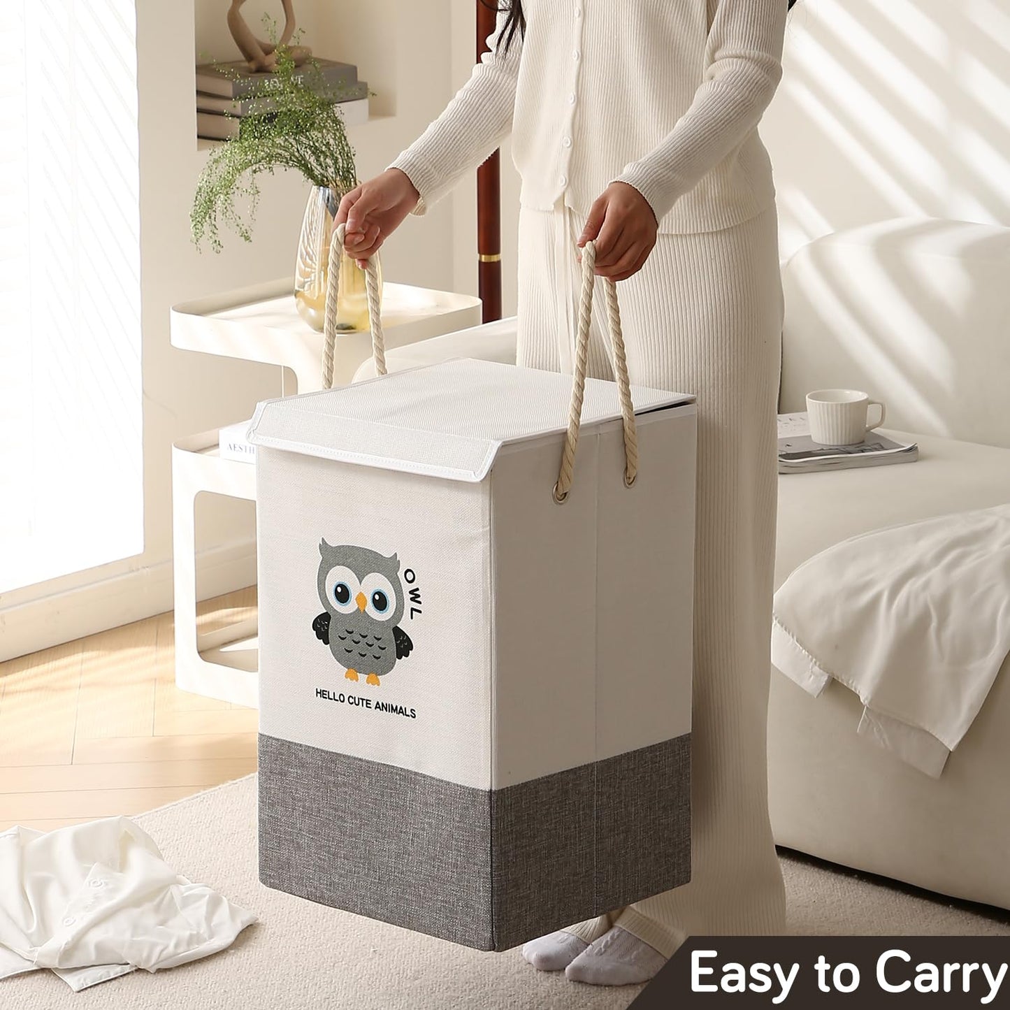 Foldable Laundry Basket for Clothes with Lid, Grey - Owl