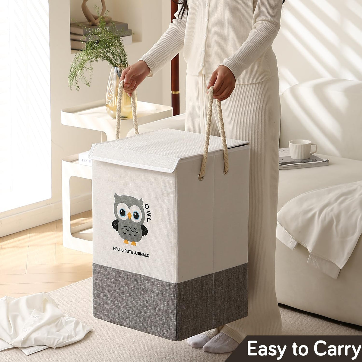 Foldable Laundry Basket for Clothes with Lid, Grey - Owl